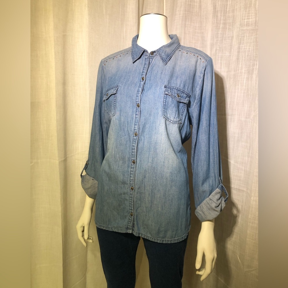 LEI Rhinestone Denim Button Down Shirt